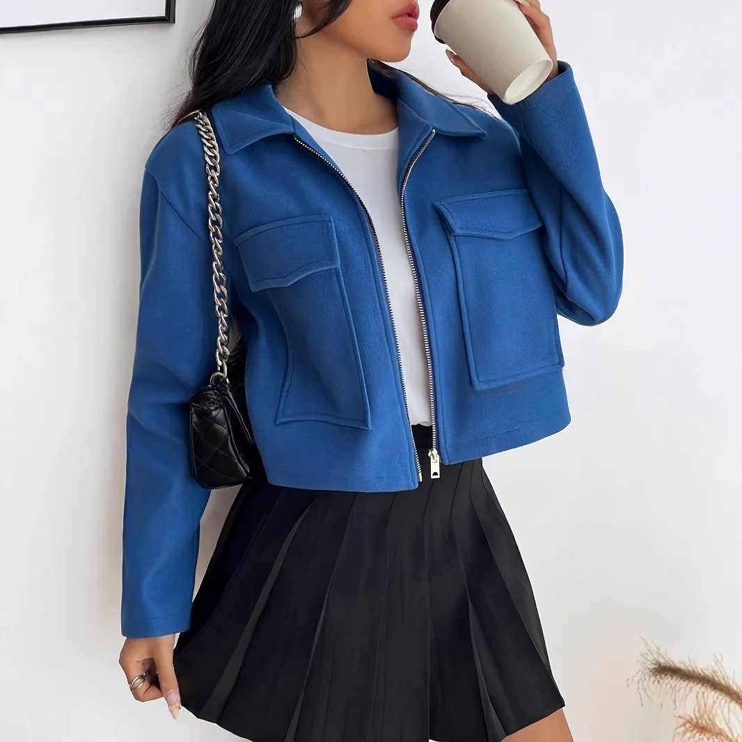 Осень-зима 2025 г., женская модная однотонная короткая куртка на молнии с длинным рукавом, офисное женское пригородное пальто