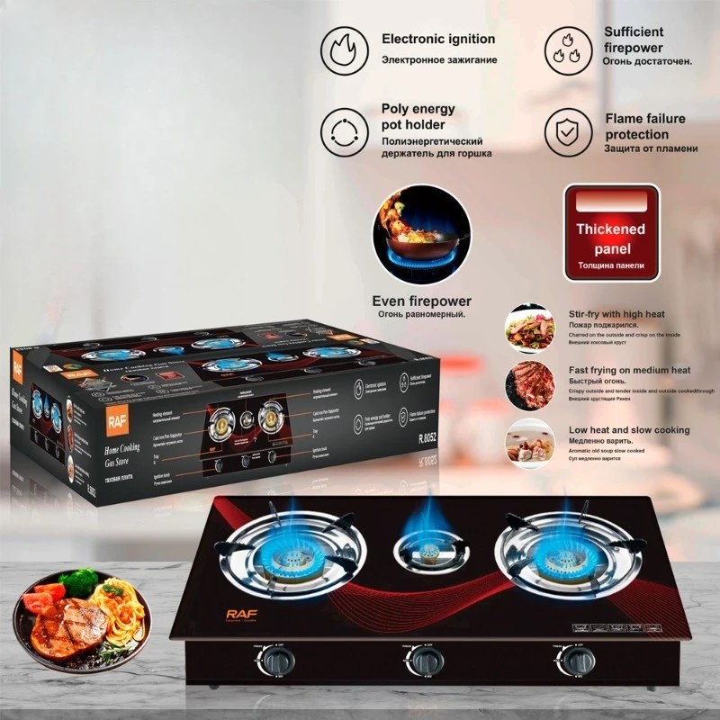 Sale Cooking Gas Stove with Electronic Ignition and Flame Fault Protection 3 Burners Desktop Fierce Fire Gas Stove for Kitchen