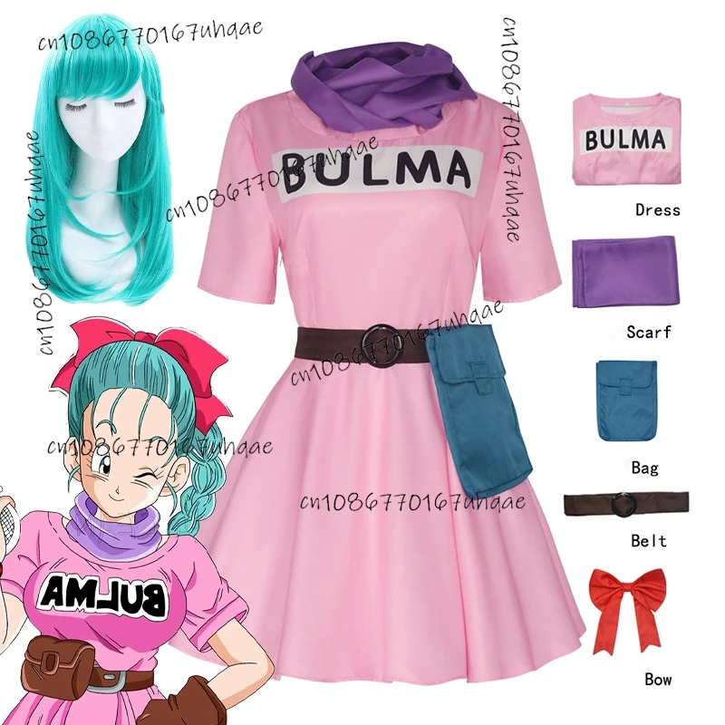 Bulma Cosplay Costumes Pink Dress Anime Role Play Dress WIth Long Green Wigs For 2024 Halloween Carnival Party Women Outfit