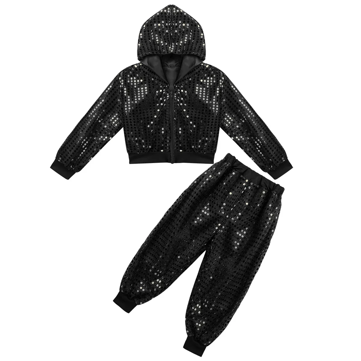 Mädchen Hip Hop Jazz Dance Outfits Pailletten Abgeschnitten Kapuzenjacke Hosen Set Kinder Street Dance Cheerleading Performance Kostüme