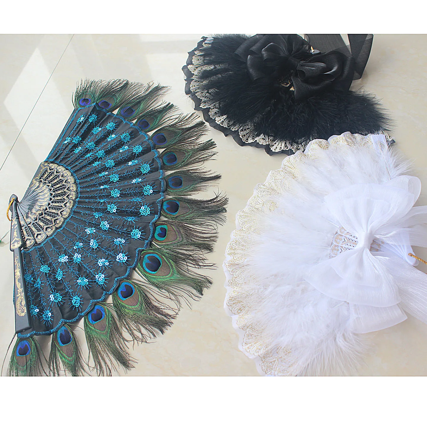quadratic element Gothic gilding feather fan lolita long streamers bow Craft fan hand made Anime cosplay crafts
