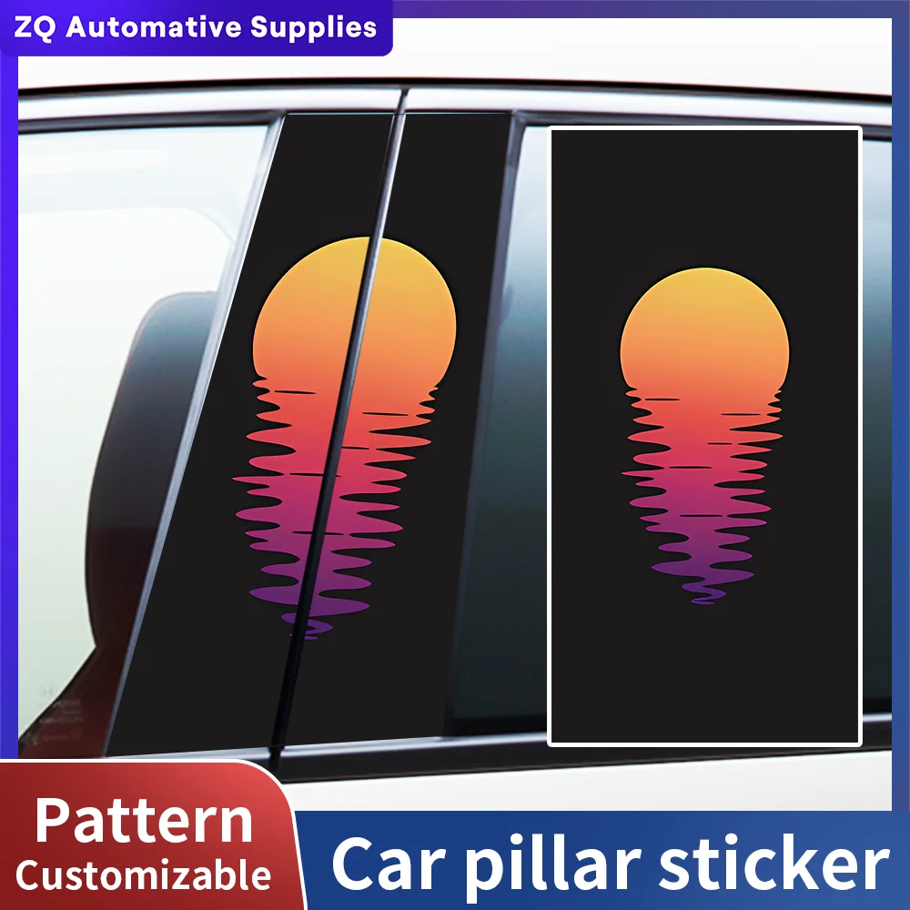 Vinilos Retro para Pilar B de Coche con Diseño de Atardecer, Adhesivos Laterales para Puerta de Coche con Gradiente de Sol y Reflejo Marino, Vinilo Impermeable para Decoración de Pilar B