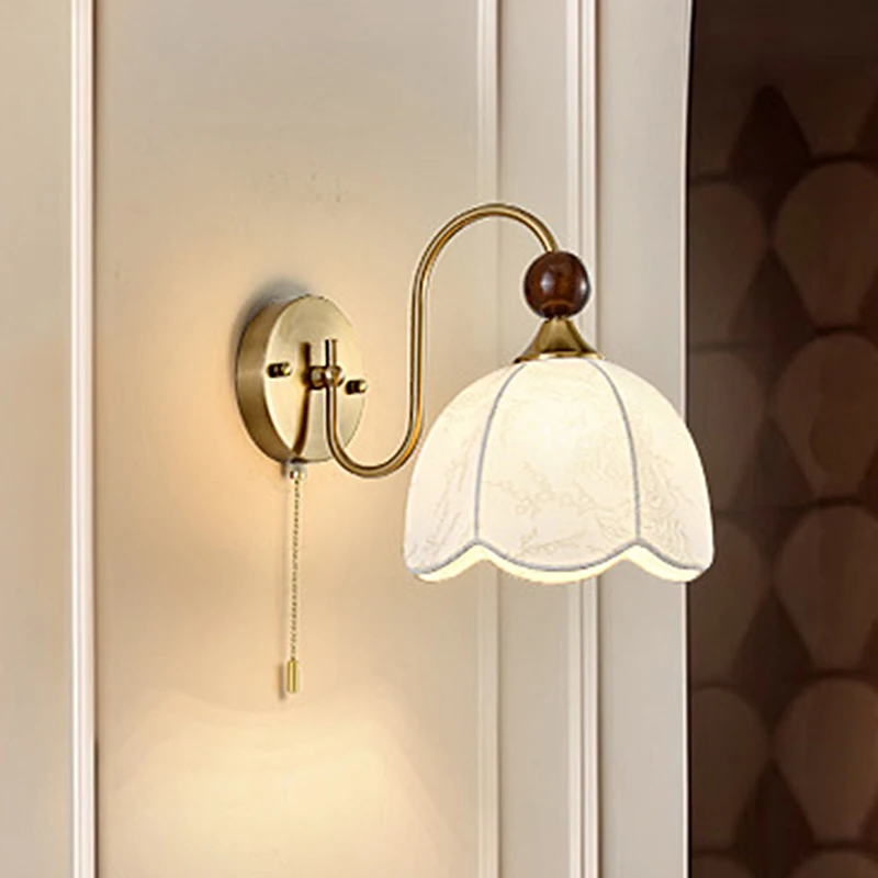 

French Style Living Room Bedroom Bedside Wall Lamp Cable Switch Fabric Printing Lampshade Porch Aisle Background Lighting