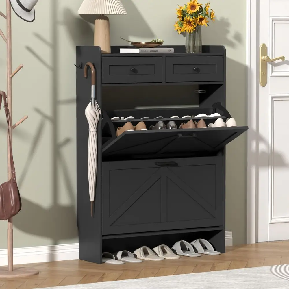 

Black Shoe Cabinet with 2 Flip Drawers amp 2 Storage Drawers, Rustic Farmhouse Narrow Shoe Organizer Cabinet, Slim Shoe Rack Ca