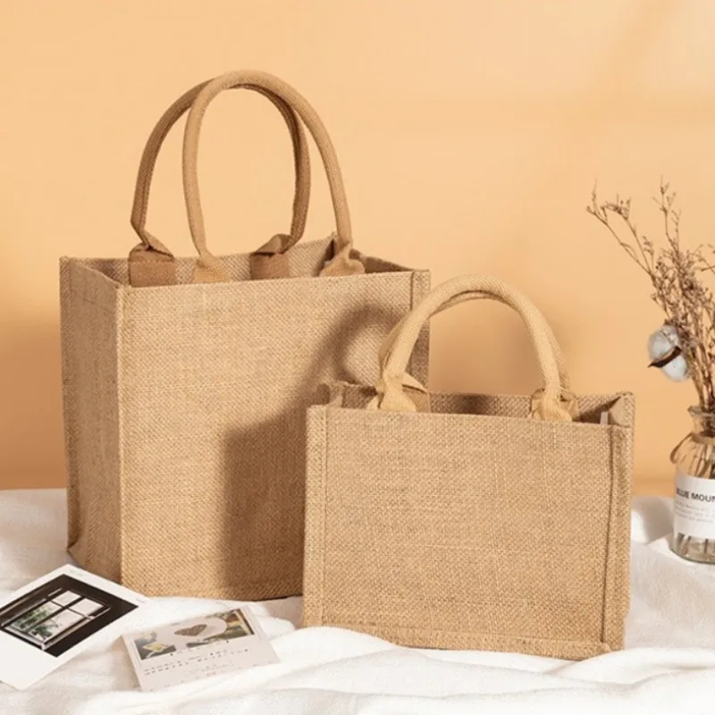 Portable Jute Shopping Bag Handbag Bamboo Loop Handles Tote DIY Canvas Bag Retro Bag Handbag Women Big Size Beach Bags