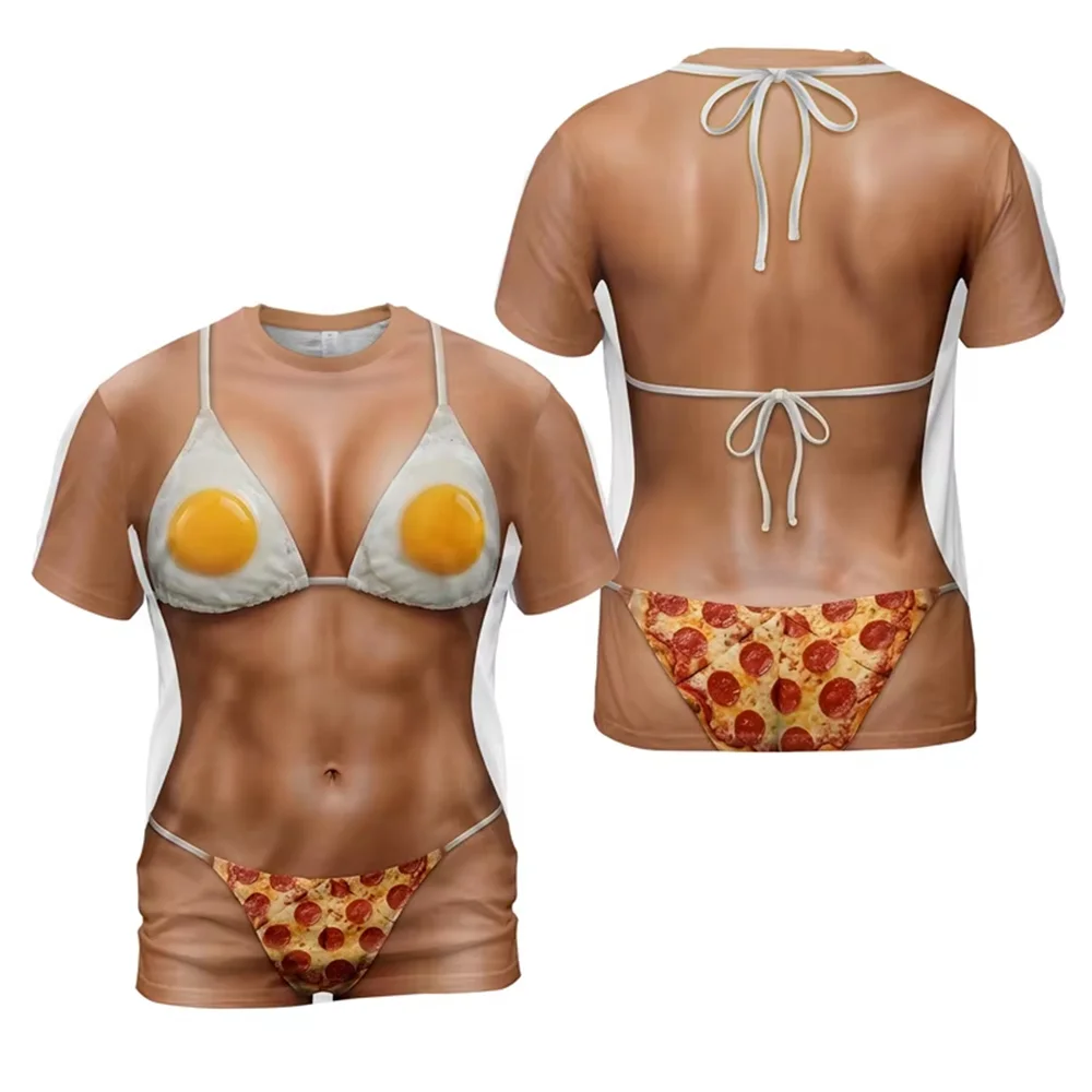 2026 New Fun 3D Printed Bikini Faux-Muscle Cosplay T-Shirt Quirky Unique – Perfect for Beach Vacations Quick-Drying Summer Style