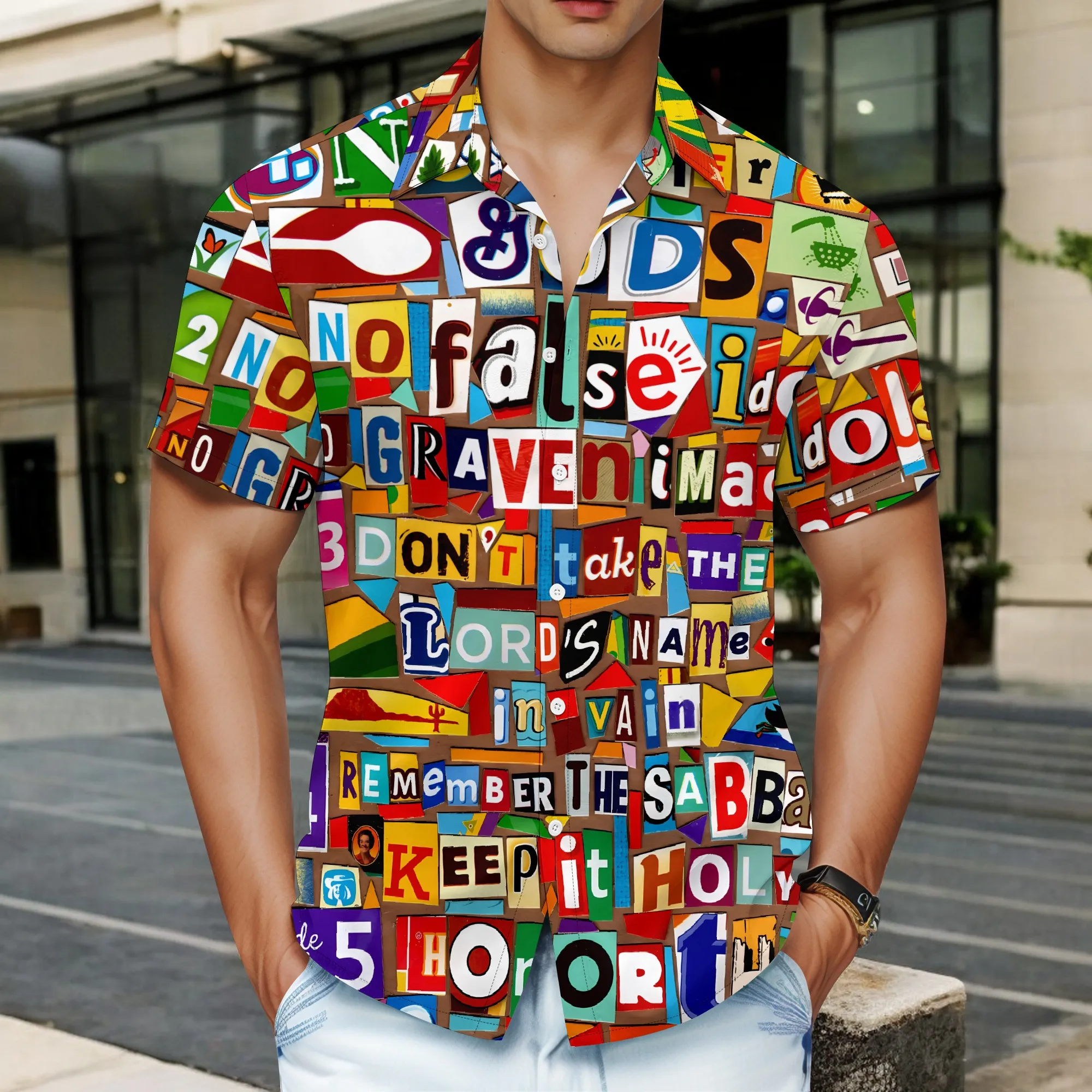 

YEAE Colorful Letter Collage Print Shirt for Men Summer Casual Short Sleeve Top