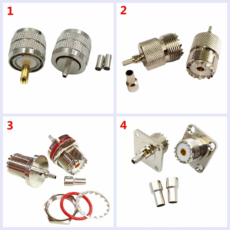 UHF Male Female PL259 SO239 SL16 Water Proof 4hole Flange Connector Crimp for RG316 RG174 RG179 Cable Coax Brass Fast Delivery