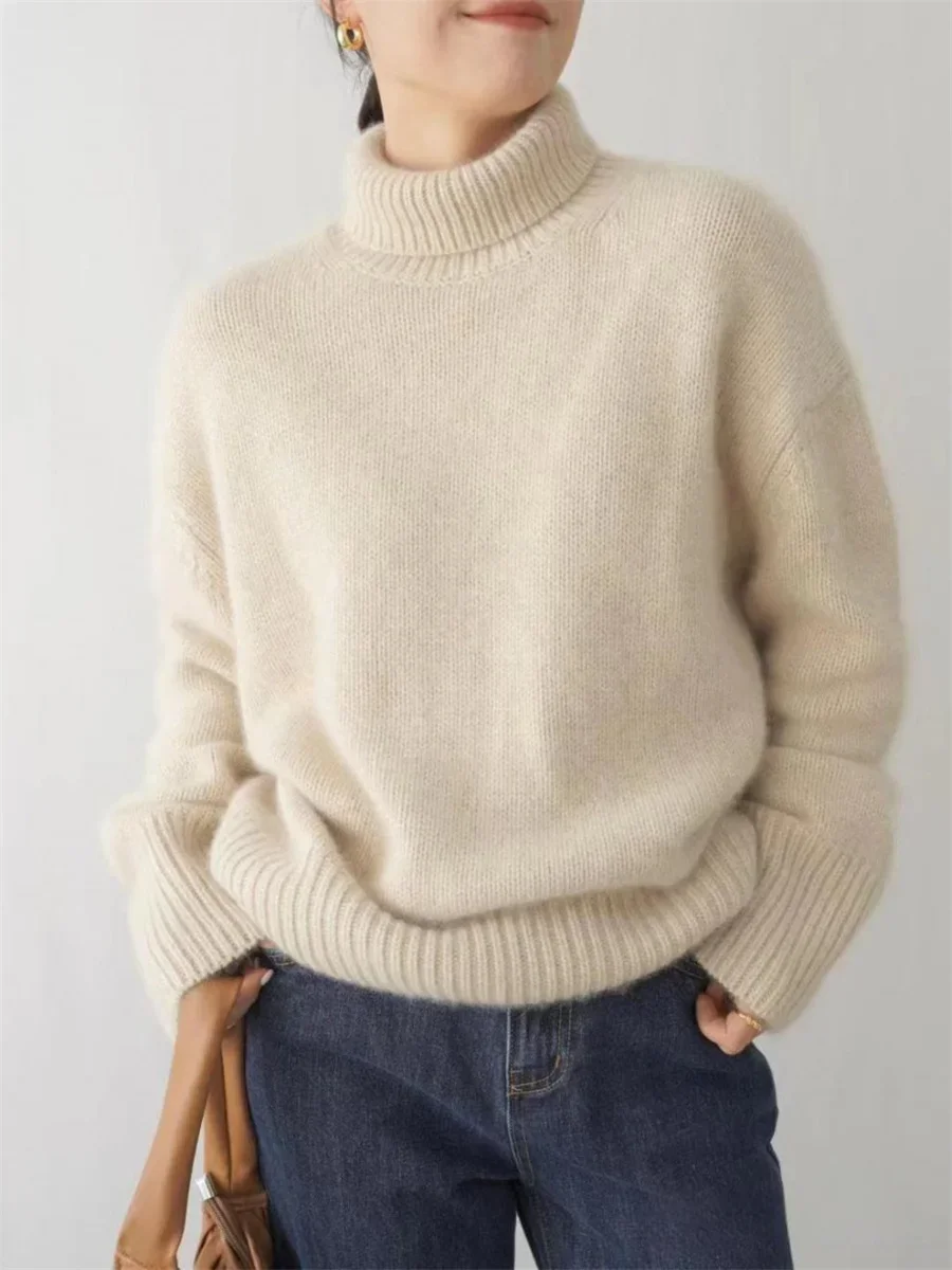 Autumn Fashion Pure Wool Sweater For Women Casual Turtleneck Loose Long Sleeve Pullovers Elegant Female Street Knitted Jumpers