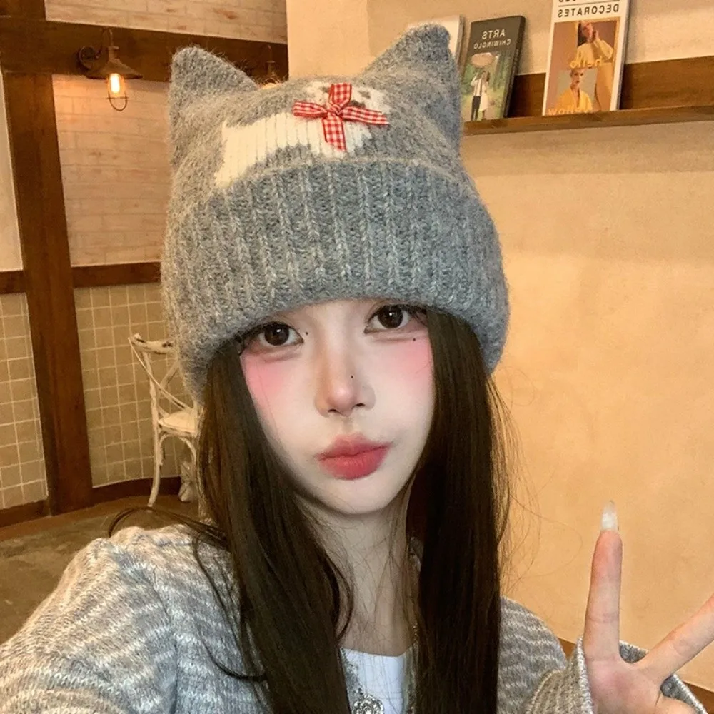 Warm Lining Cat Ear Beanie 56-58cm Ear Protection Fleece Lined Knitted Hat Cold Proof Polyester Puppy Pattern Earflap Hat