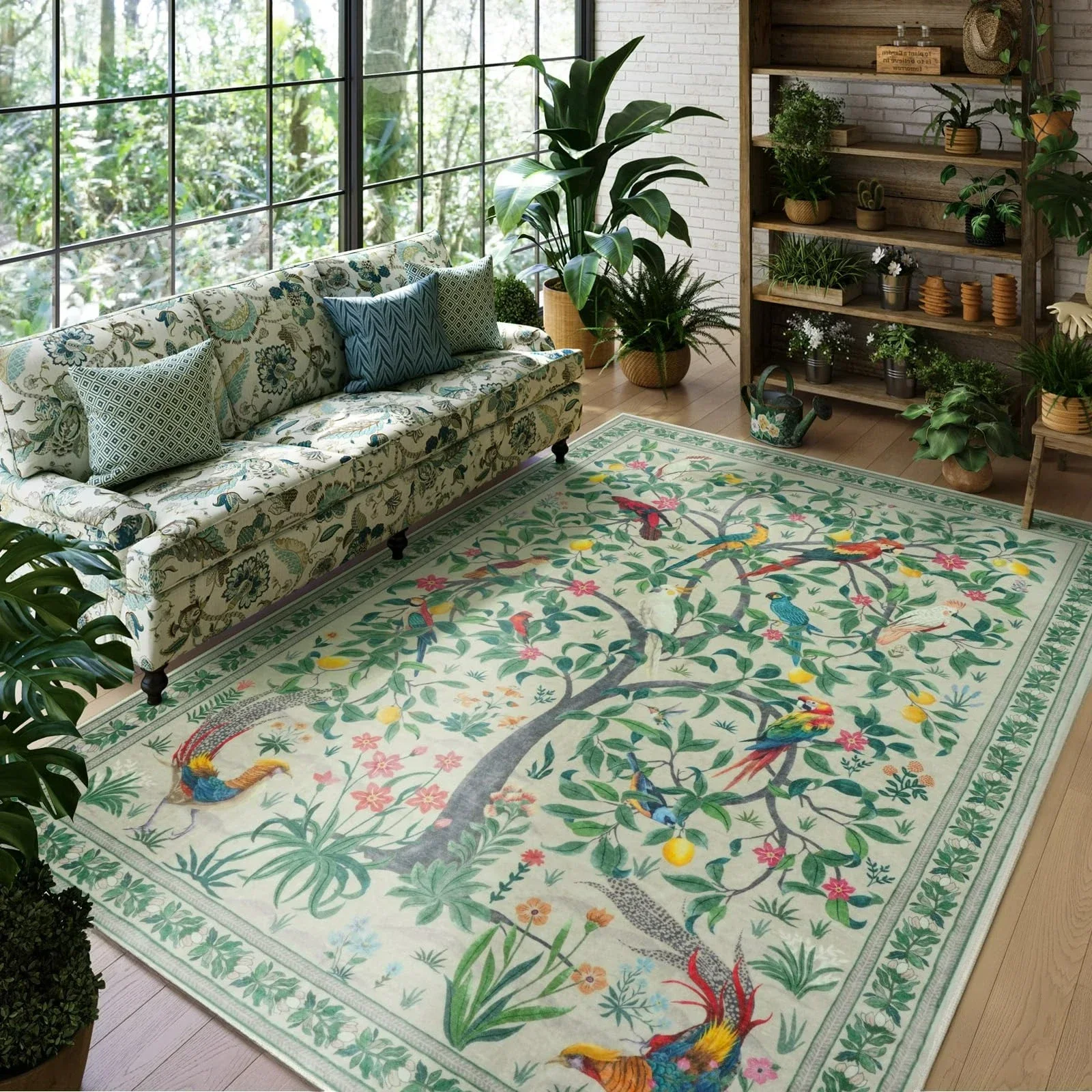 Boho-style Floral Bird Designs Carpet Living Room Decor Sofa Rug Bedroom Bedside Soft Rug Kitchen Dining Area Floor Mat Washable