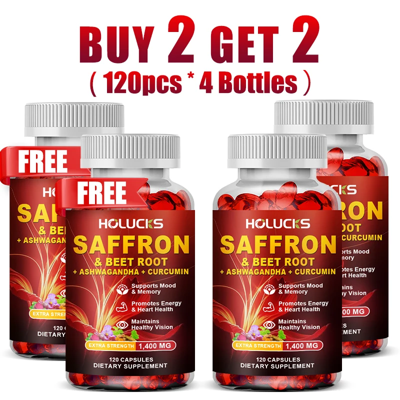 

HOLUCKS Добавка с шафраном и свеклой 1400 мг, с ашвагандой и куркумином, для улучшения настроения, концентрации внимания, энергии и здоровья глаз