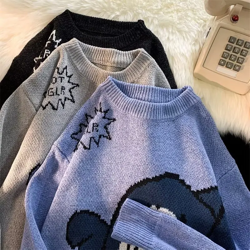 

Свободный крой с животным принтом, длинные светящиеся круглые новые свитера для пар для подростков, повседневные осенне-зимние полиэфирные волокна, обычные тонкие