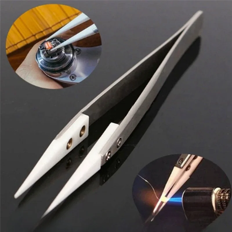 Ceramic Tweezers Heat Resistant Fine Pointed Stainless Steel Handle Non-Conductive Anti-Static Tool For Soldering PCB 1 Pc