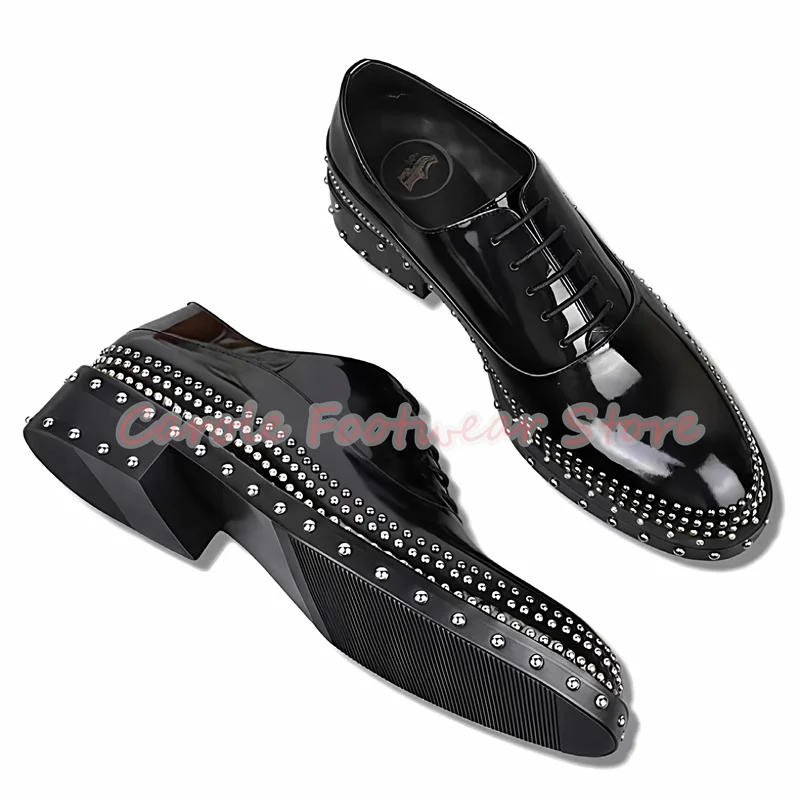 

Punk Rivet Platform Chunky Heel Lace-Up Oxfords for Men Handmade Genuine Leather Business Formal Dress Shoes Male Derby Shoes