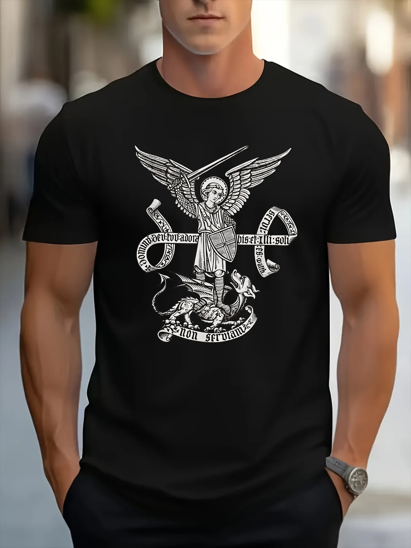 Schwarzes Herren-T-Shirt mit Grafik des Heiligen Erzengels Michael - Religiöses Symbol-T-Shirt mit Kreuz- und Schlangen-Design, Langlebiges Digitaldruck-Design