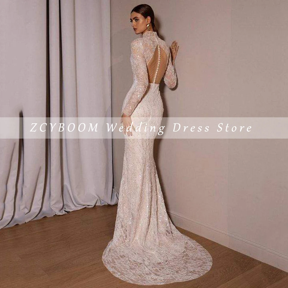 Luxury High-Neck Sequin Lace Long Sleeves Princess Wedding Dress 2024 Mermaid Floor Length Detachable Sweep Train Bridal Gown