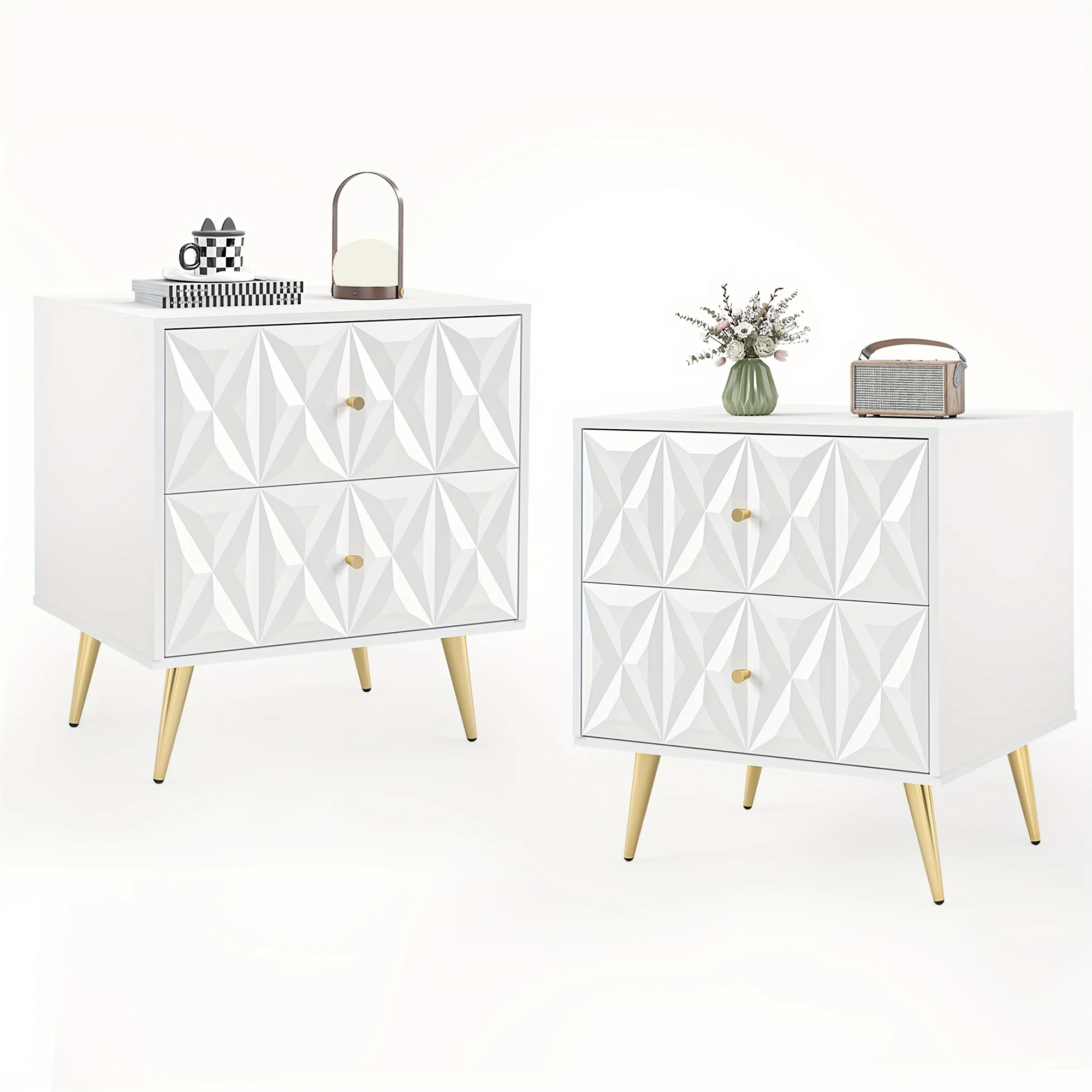 

White And Golden Nightstand, Modern Storage Bedside Table with 2 Drawers & Golden Metal Legs, Embossed End Table for Bedroom, Living Room