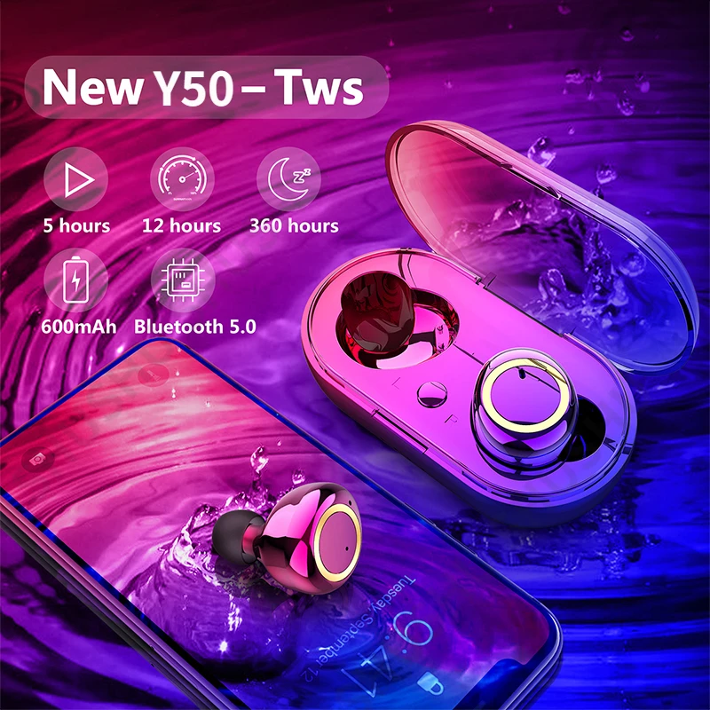 Original Y50 TWS Bluetooth Earphone Wireless Headphones Tough Control Stereo Headset Sport Earbuds with Charging Box for Phone