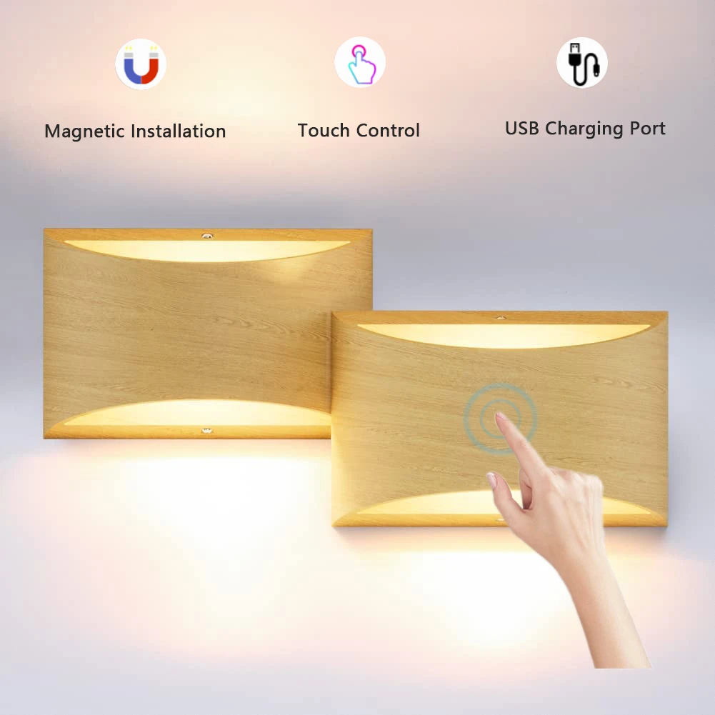 

Wood up and Down Cordless Wall Sconces 12W USB Rechargeable Touch Switch Magnetic Detachable Night Lamp for Bedroom Living Room