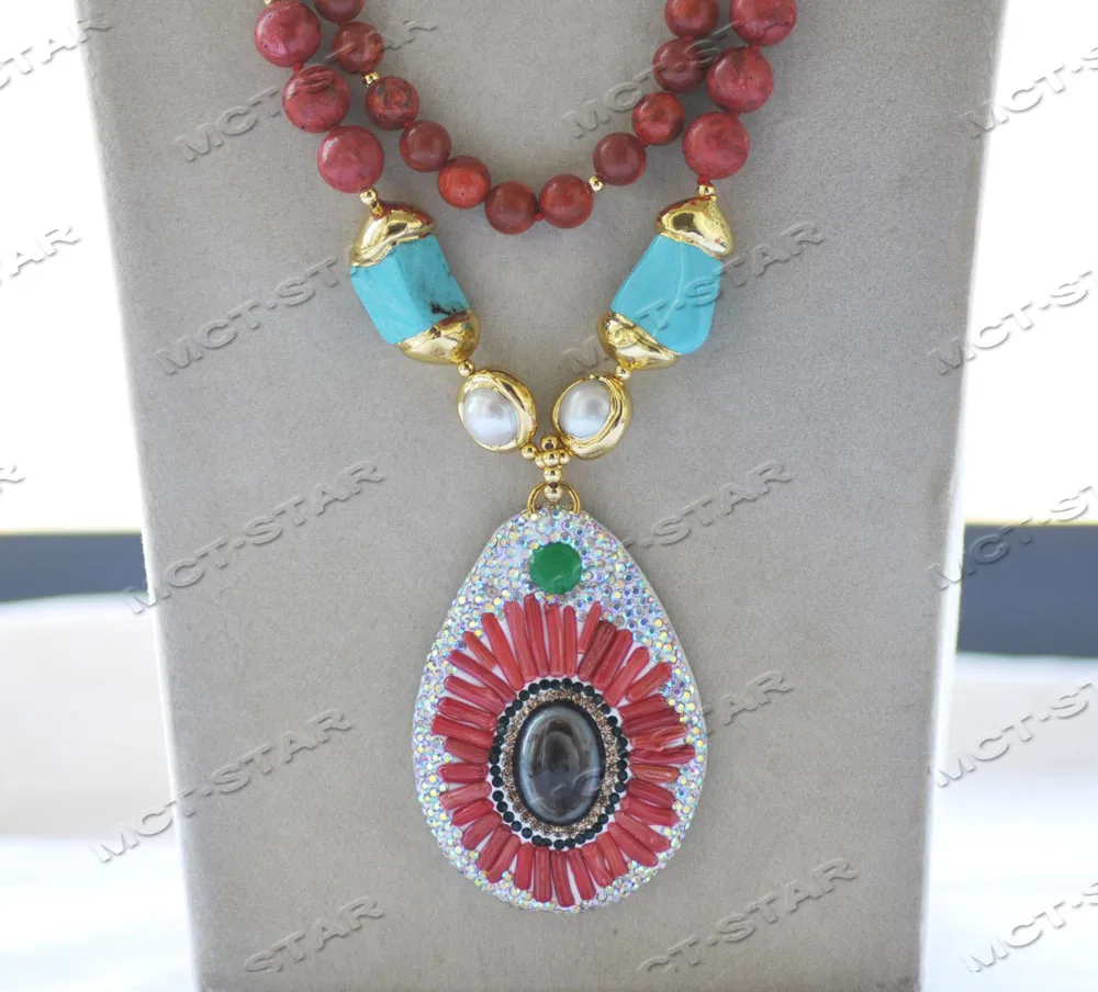 Z12374 2Row Red Round Coral Baroque Turquoise White Pearl Necklace Eye Pendant
