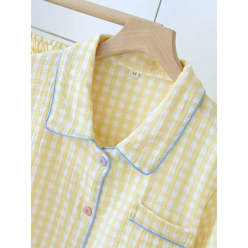 2pcs Women's Pajama Set Cream Yellow Plaid 100% Cotton Gauze Short Sleeve Long Pants Lightweight Soft Outdoor Wear Loungewear Fo