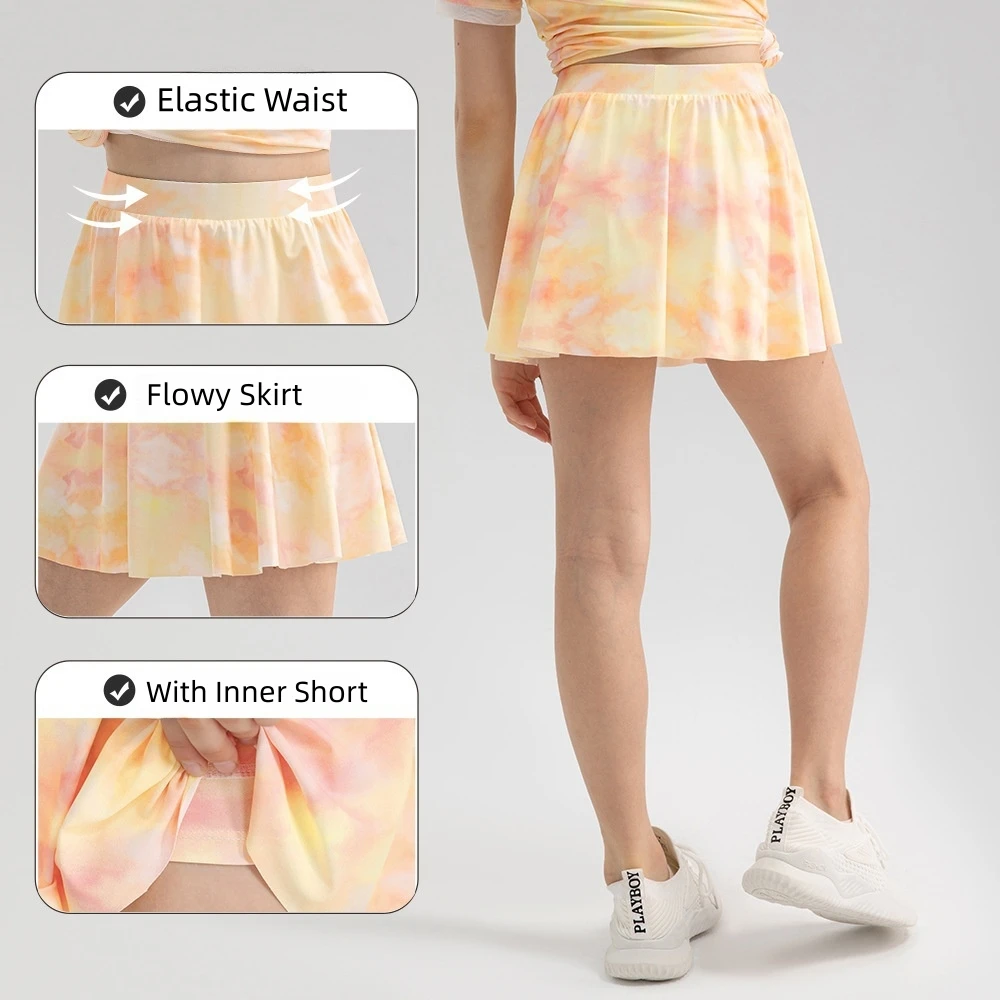 Girls Colorful Yoga Skirt Quick Dry Kids Tennis Skirt Built-in Shorts for Running Ballet & Gym Wear Cooling Print Golf Skorts