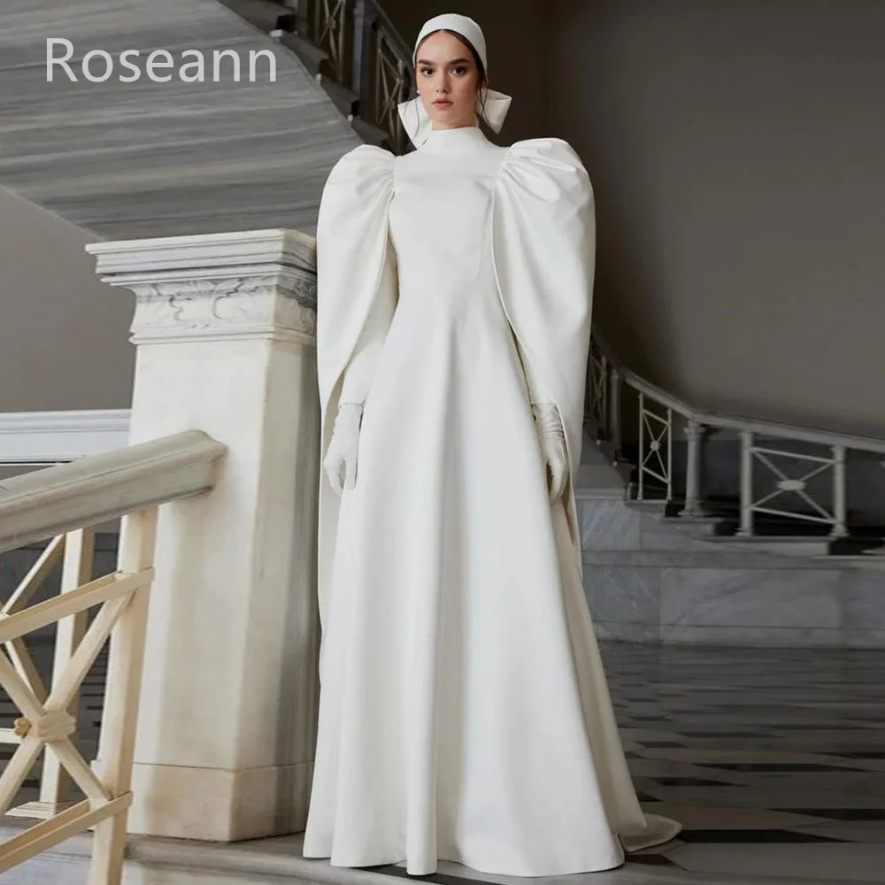 Muslimische Mode Satin Elfenbein Brautkleider neues Design hoher Kragen Langarm boden lange Brautkleider Robe de Mariée