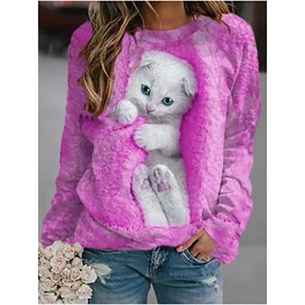 

2023 Autumn High Quality Women's Round Neck Long Sleeve 3D Printed Pet Cat Pattern Fashion Casual Women's Plus Size s-5XL