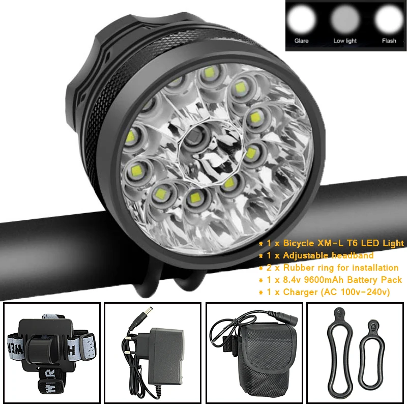 20000 Lumens Bike Headlight 12*T6 LED Bicycle Front Light Night Riding Cycling Head Lamp + 8.4V 18650 Battery Pack + Charger