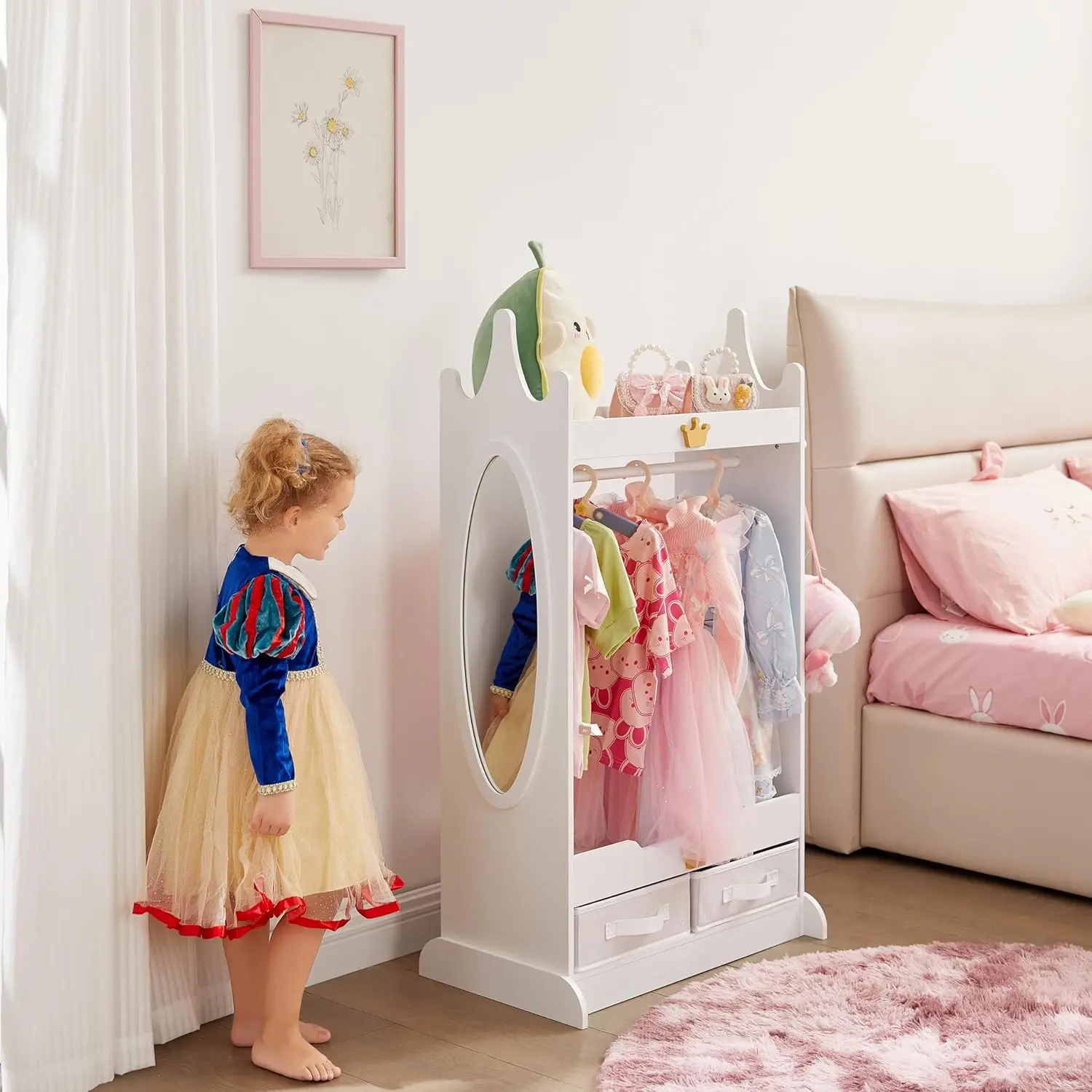 Kids Dress Up Storage with Mirror, Kids Armoire with Non-Woven Drawers, Open Costume Closet with Hanging Rack(White)