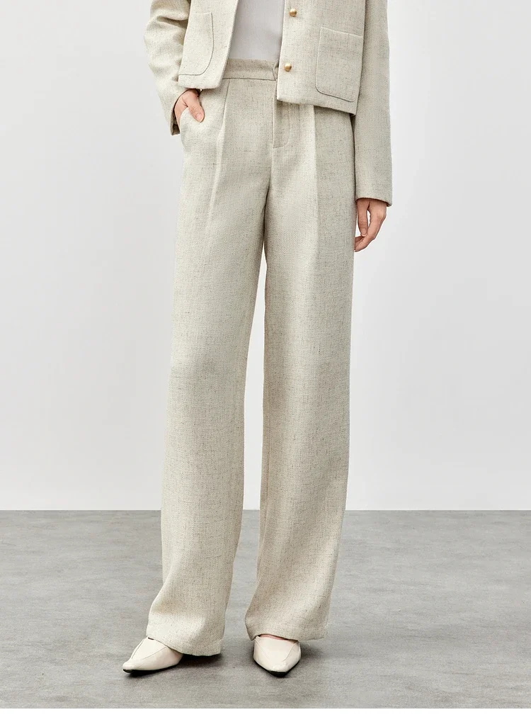 SENTUBILA الكتان تويد مصممة بنطلون للنساء 2025 الربيع مستقيم العمل الصلبة الأعمال واسعة الساق السراويل الإناث 151K58660