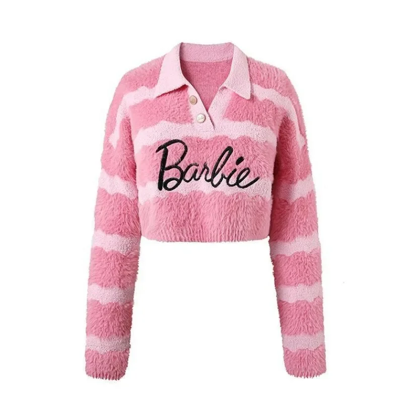 Anime Barbie POLO Sweater Cartoon Cute Women Fashion Printed Sweater Kawaii Hot Girl Short Long Sleeve Top Striped Wool Sweater