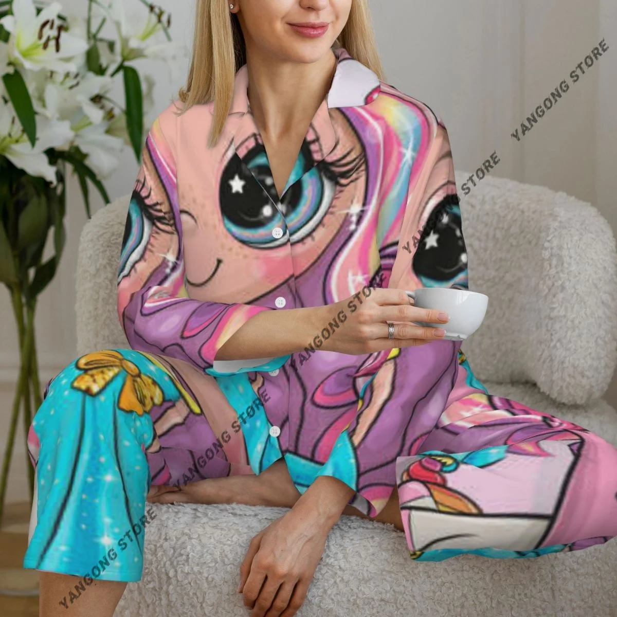 

Женские пижамы с милым мультяшным сказочным принтом и единорогом, одежда для дома, одежда для сна из двух предметов, длинный пижамный комплект на пуговицах с длинными рукавами