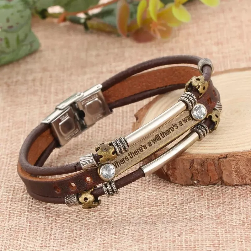 Punk Gothic Rock and roll Fashionable Individuality Wristband Stainless steel Watch buckle Multilayer Bracelet PU leather Knit