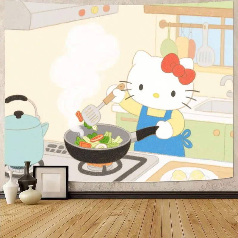 

1PC Sanrio Kawaii Hello Kitty Cooking Chef Tapestry Modern Polyester Wall Art for Girls Room Living Room Bedroom Decor Gift
