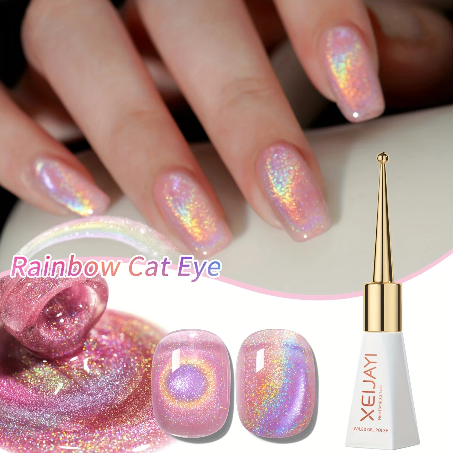 XEIJAYI 1 pieza 10 ml Rosa Arco Iris Ojo de Gato Esmalte de uñas de gel magnético Luz LED UV extraíble para mujeres - Barra magnética no incluida