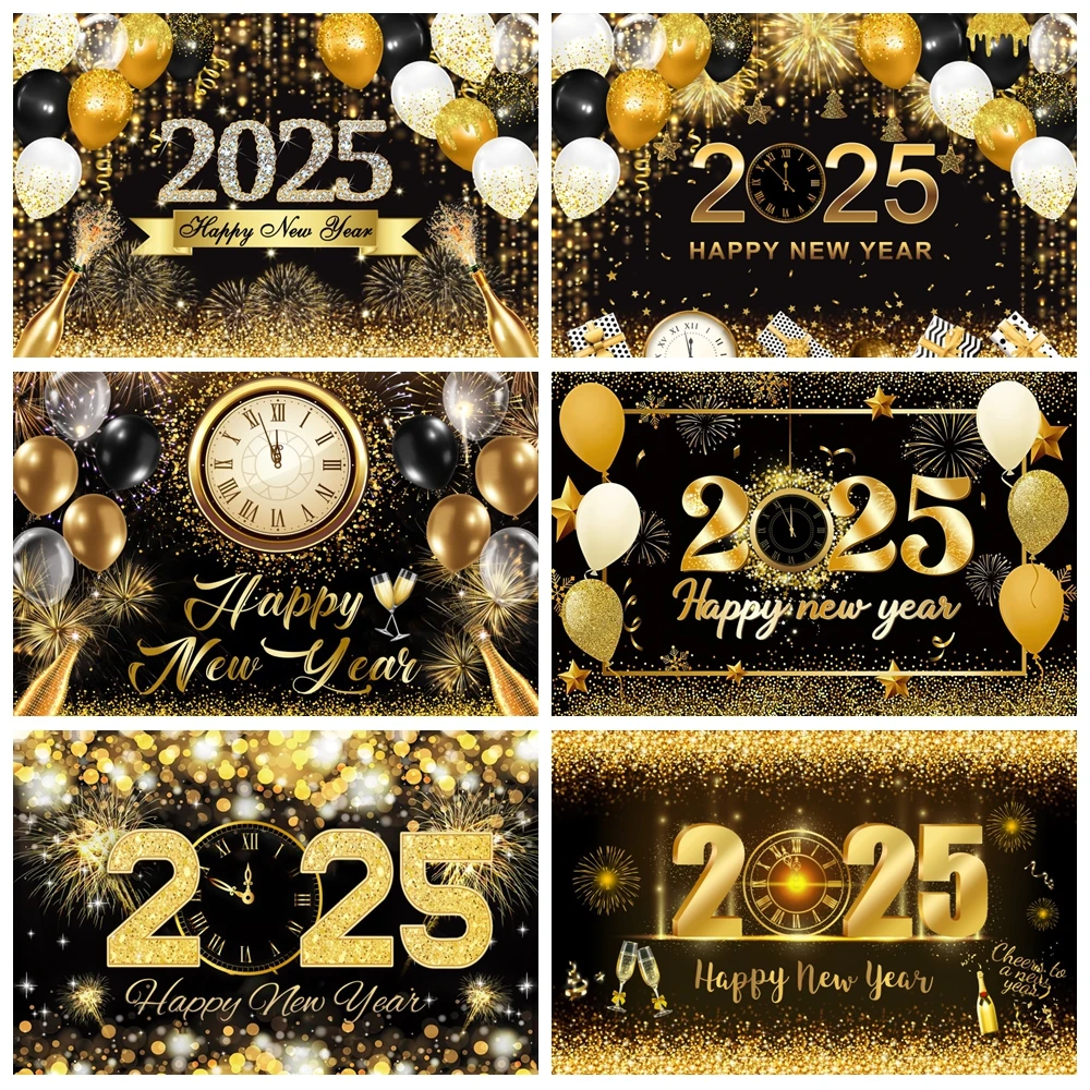 

2025 Happy New Year Photography Backdrop Fireworks Clocks Champagne Christmas Family Party New Years Eve Photo Background Decor