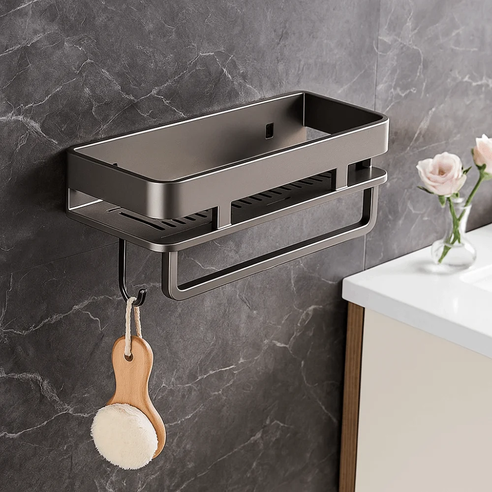 

Простые в установке нержавеющие полки для ванной комнаты. Износостойкая влагостойкая полка для хранения душа с крючком. Стеллаж-органайзер. Квартира.