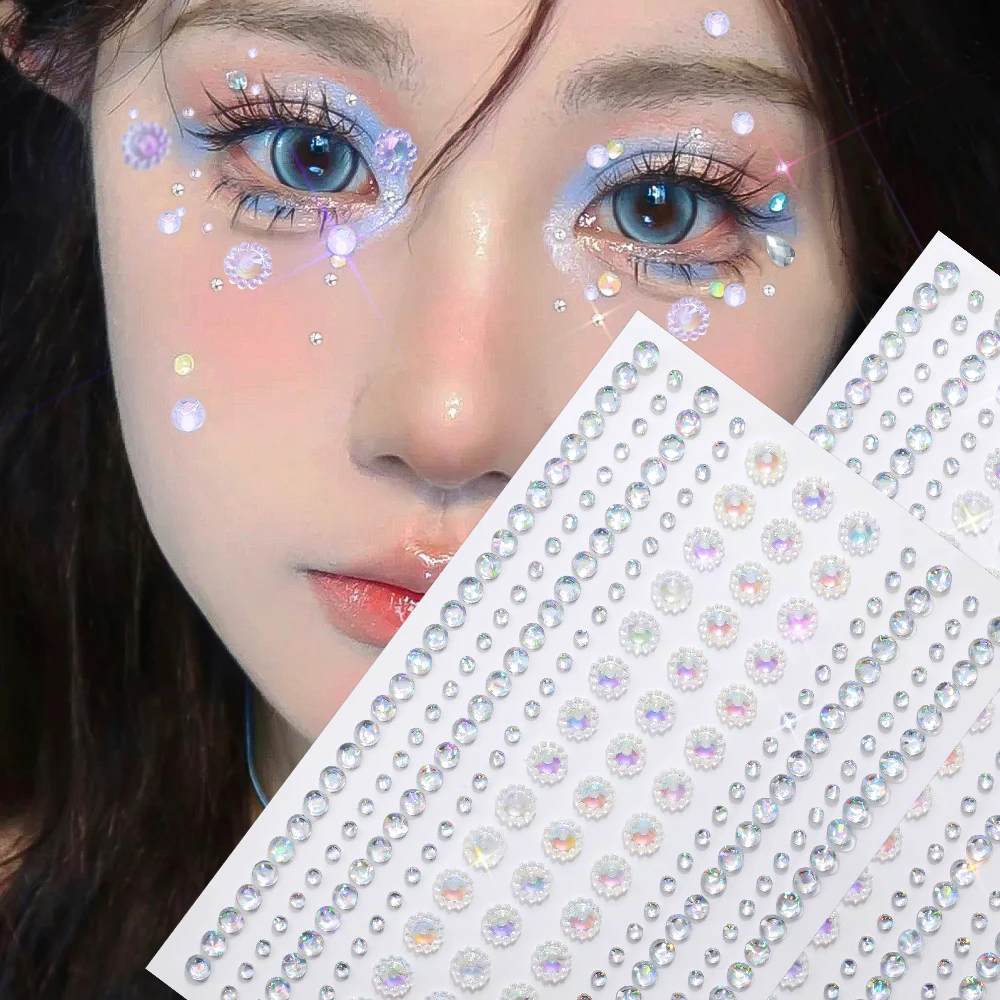 

1sheet Korean Face Gem Sticker 3D Glitter Flower Round Diamond Jewels Decals with adhesive ornament Back Glue Makeup Stickers#@_