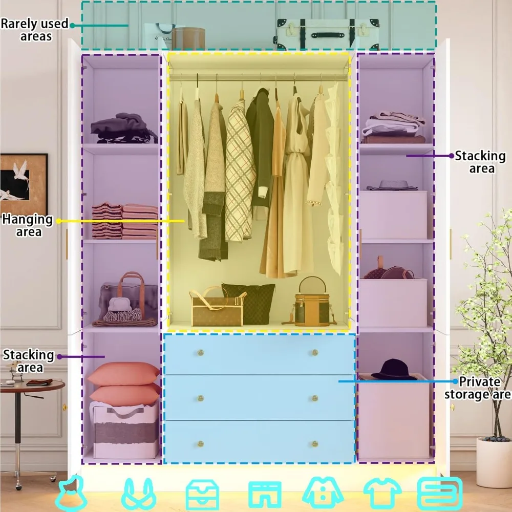 

75" Tall 4 Doors Armoire Wardrobe Closet with 3 Drawers, Wooden Wardrobe Cabinet with LED Lights & Mirror, Customized