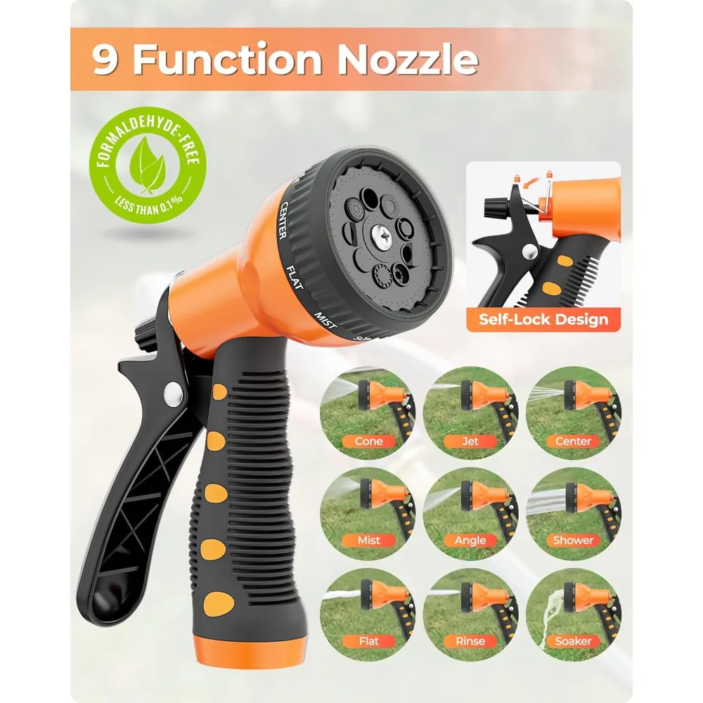 بكرة خرطوم حديقة قابلة للسحب مثبتة على الحائط 5/8 بوصة × 100 قدم مع 9 وظائف فوهة رش أي طول قفل نظام إرجاع بطيء