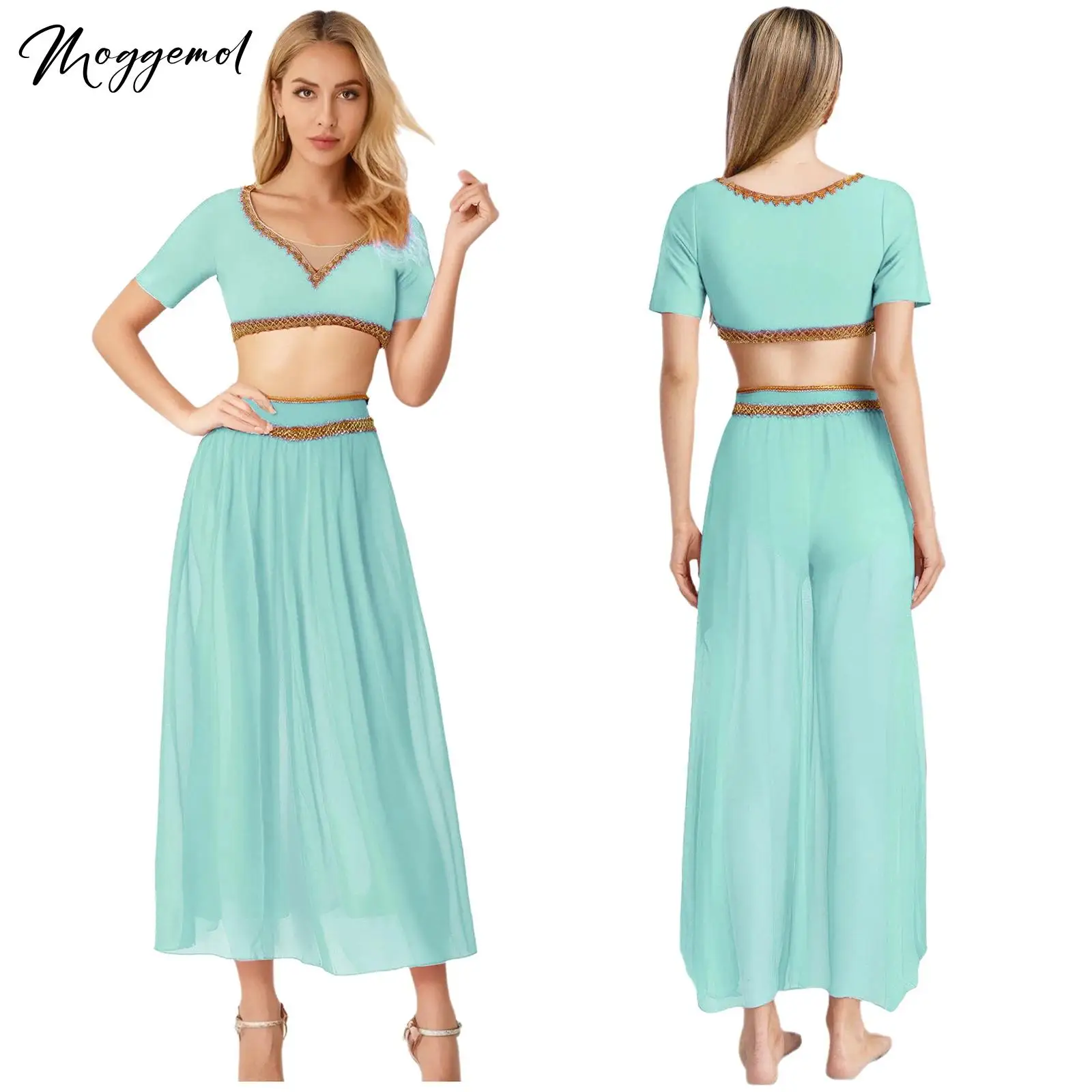 

Womens Belly Dance Outfit Halloween Arab Princess India Cosplay Costume V Neck Short Sleeve Crop Top And Slit Chiffon Long Skirt