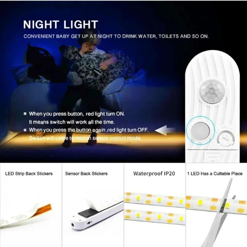 LED Sensor Light Strip para gabinete, luz noturna para debaixo da cama, armário laminado de cozinha, armário para sapatos, luz de tira longa