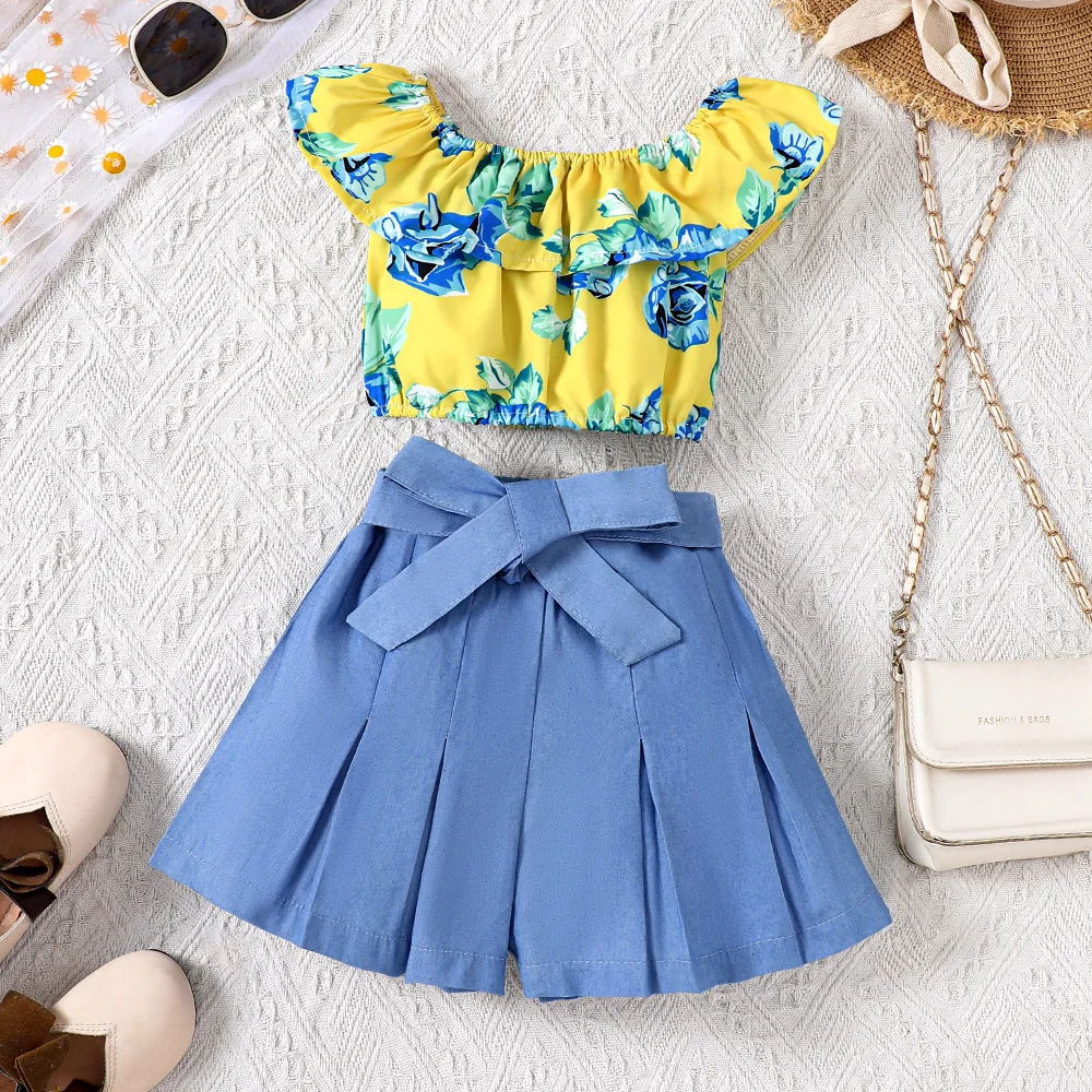 

2024 Summer Child Clothes Sets Sleeveless Ruffles Print Floral Tops Blue Sashes Shorts 2 Piece Sets Girls Clothes Sets 18M-6T