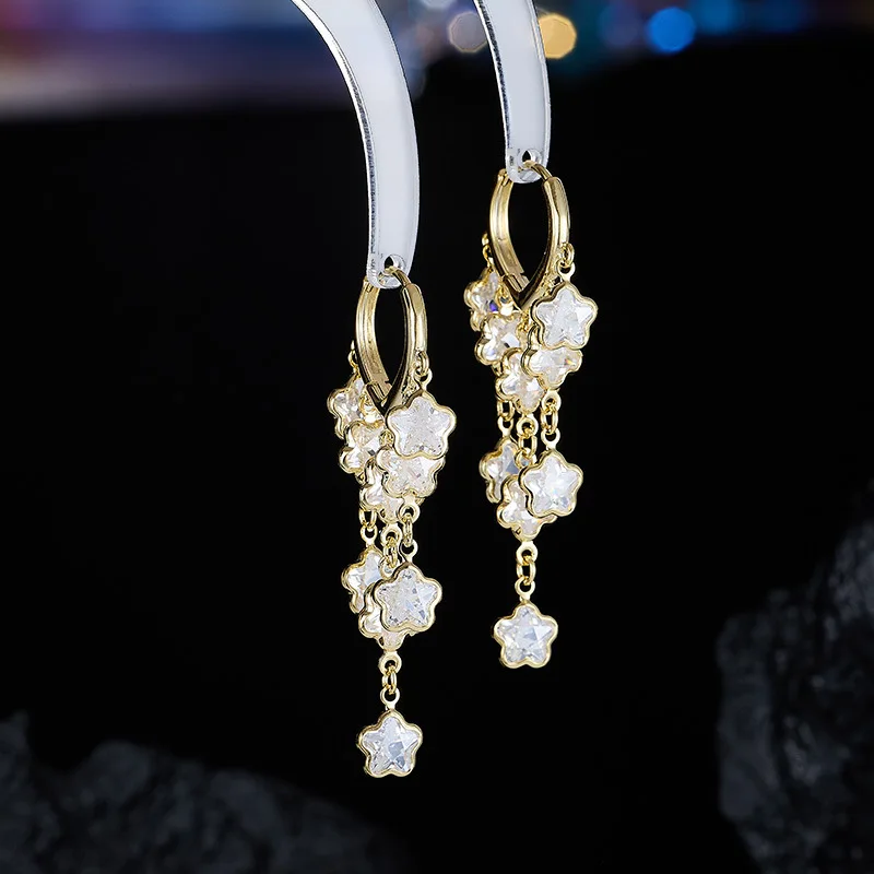 

New Sweet Cool Style Super Shiny Five-Pointed Star Tassel Earrings for Women High-End Light Luxury Dynamic Exquisite Personality
