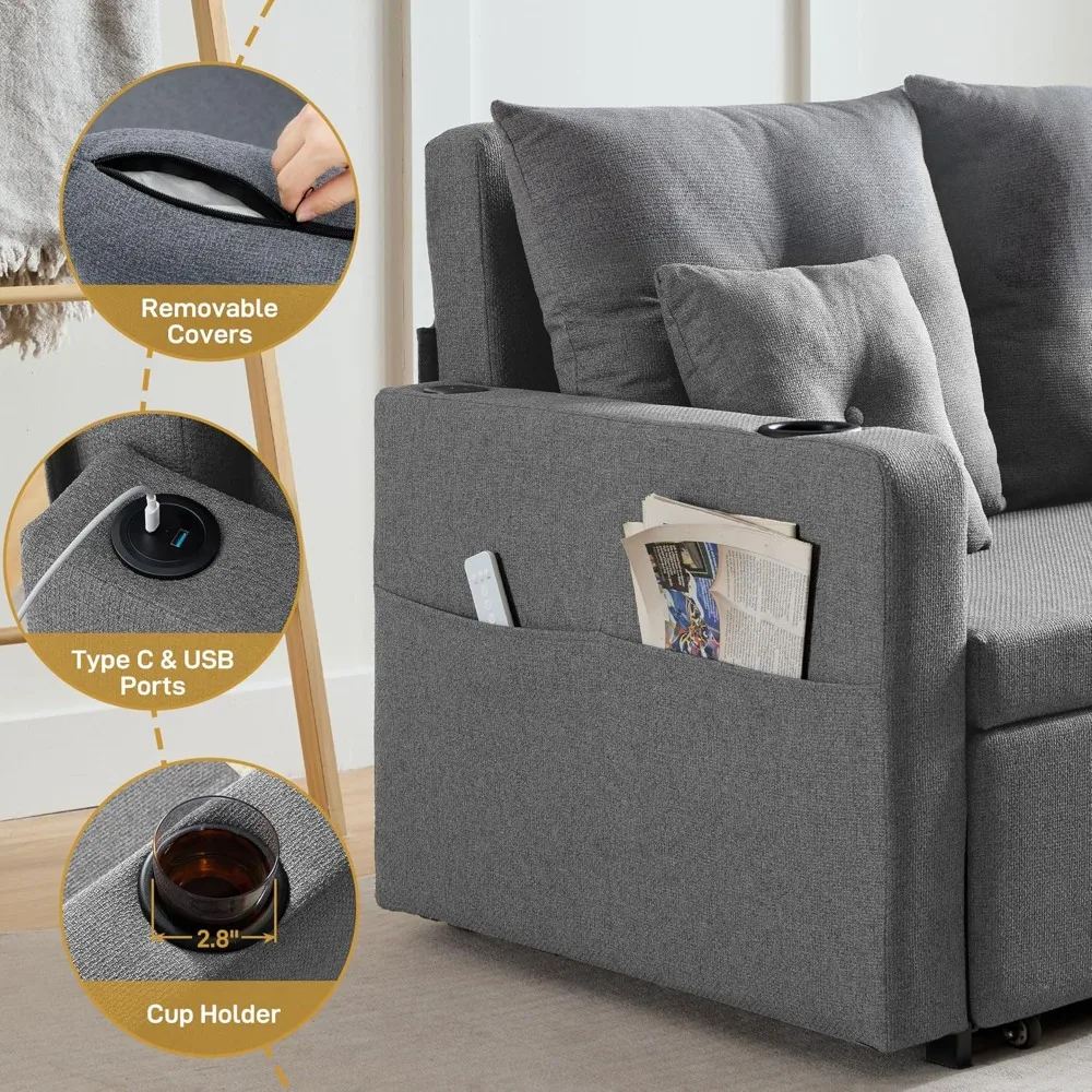 سرير أريكة قابل للتحويل 3 في 1، سرير أريكة للنوم بالحجم الكامل مقاس 56 بوصة، سرير أريكة للنوم مع جيب تخزين