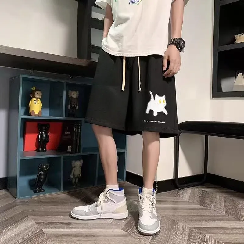 Drawstring Sports Pants M-8XL Summer Cropped Pants With Cat Print Suitable For Men's And Women's Casual Home Shorts
