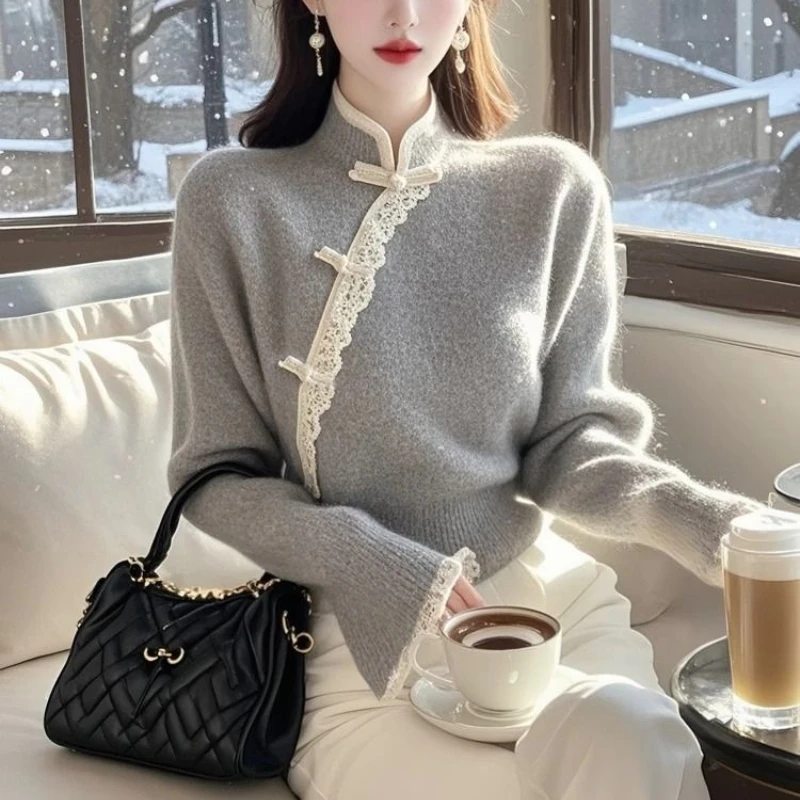 

Sweet and Fresh Sweater Chinese Style Lace Buckle with Knitted Top Autumn and Winter Women's Girlish Style