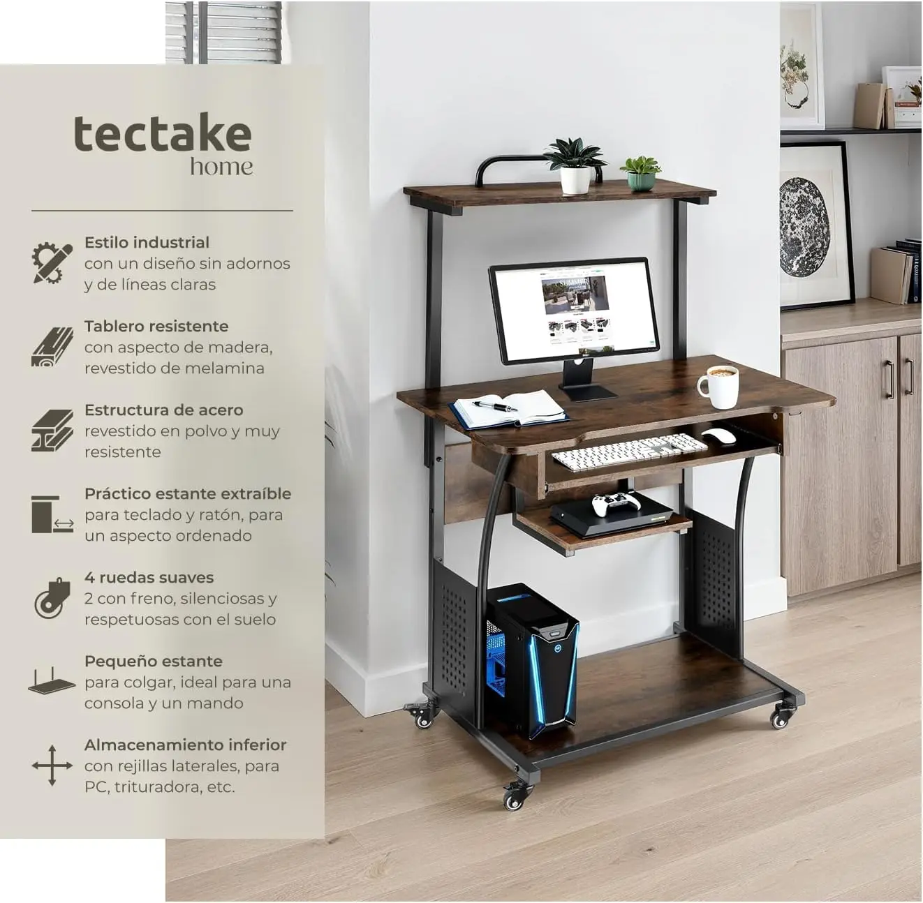 Mesa para computadora, madera y acero, 3 niveles de almacenamiento, escritorio para PC, muebles de oficina, mesa de escritorio - 80 x 65